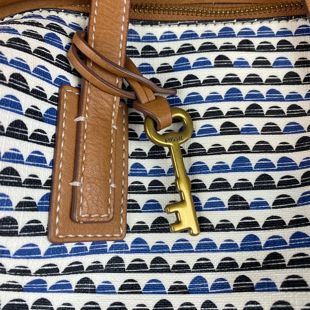 Fossil Emma Satchel Handbag Purse With Matching NWT Wallet, Blue Black Print